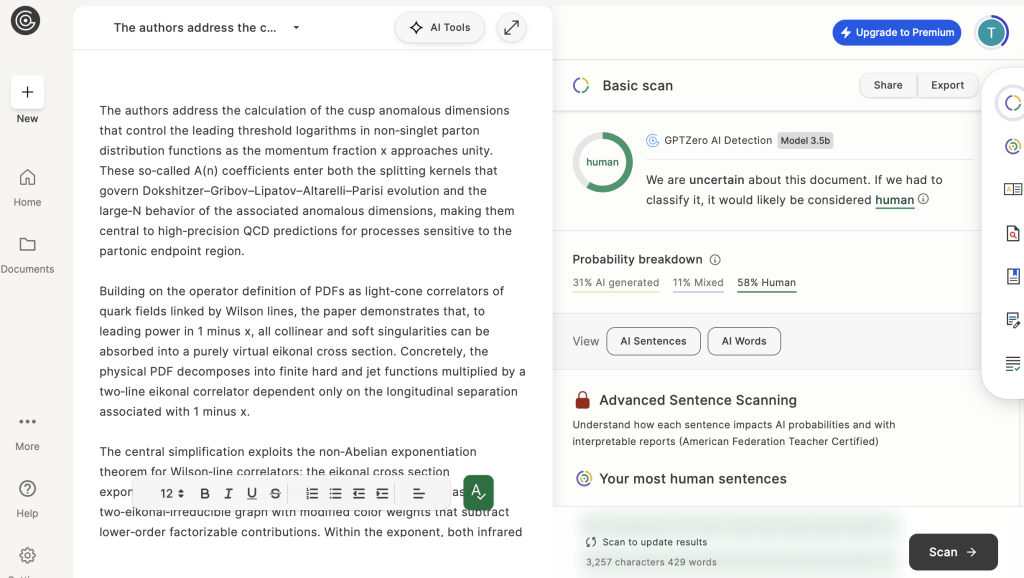GPTZero analysis of AI generated text